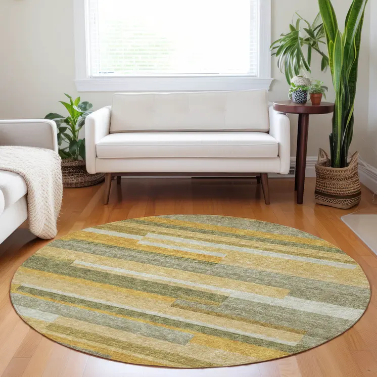 8' Gold Wheat And Ivory Round Striped Washable Indoor Outdoor Area Rug