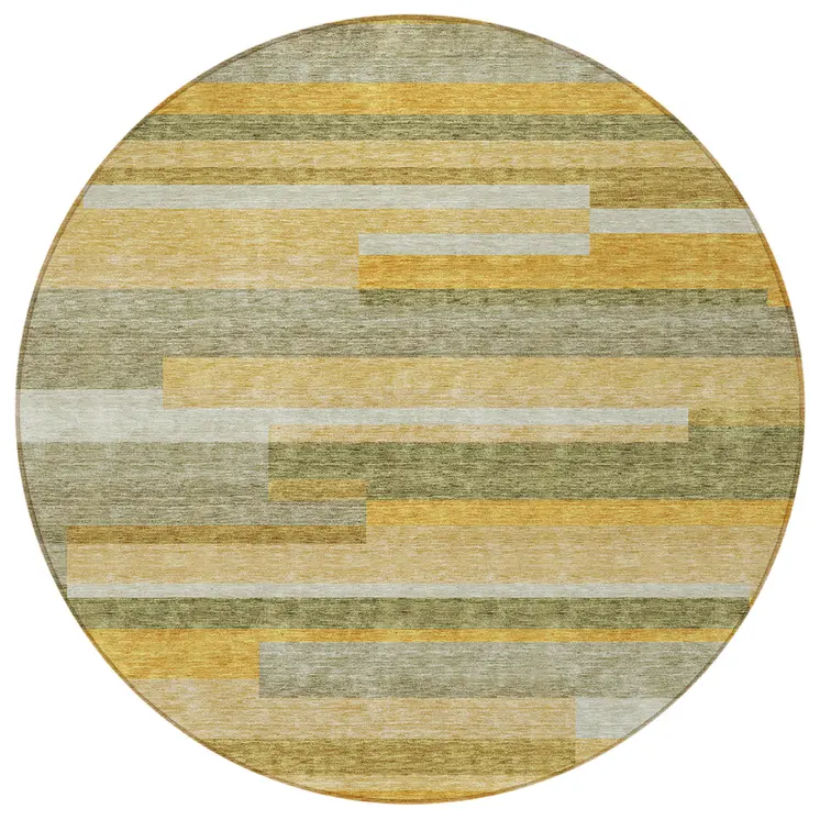 8' Gold Wheat And Ivory Round Striped Washable Indoor Outdoor Area Rug