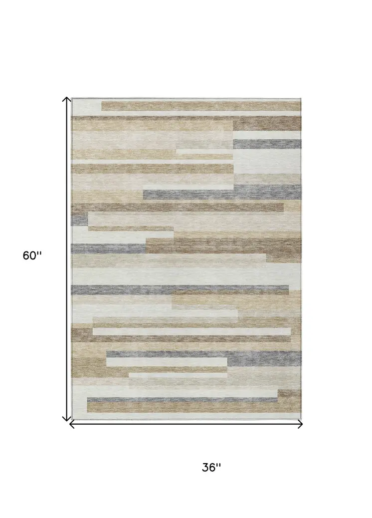 3' X 5' Ivory Beige And Taupe Striped Washable Indoor Outdoor Area Rug