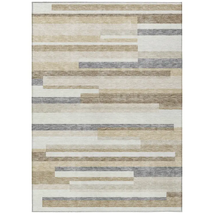 3' X 5' Ivory Beige And Taupe Striped Washable Indoor Outdoor Area Rug