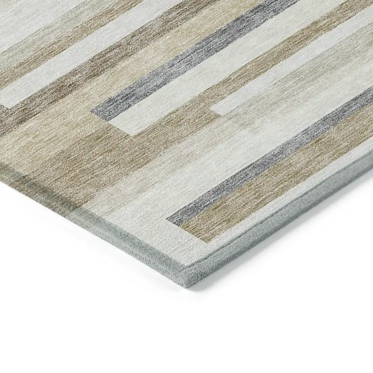 3' X 5' Ivory Beige And Taupe Striped Washable Indoor Outdoor Area Rug