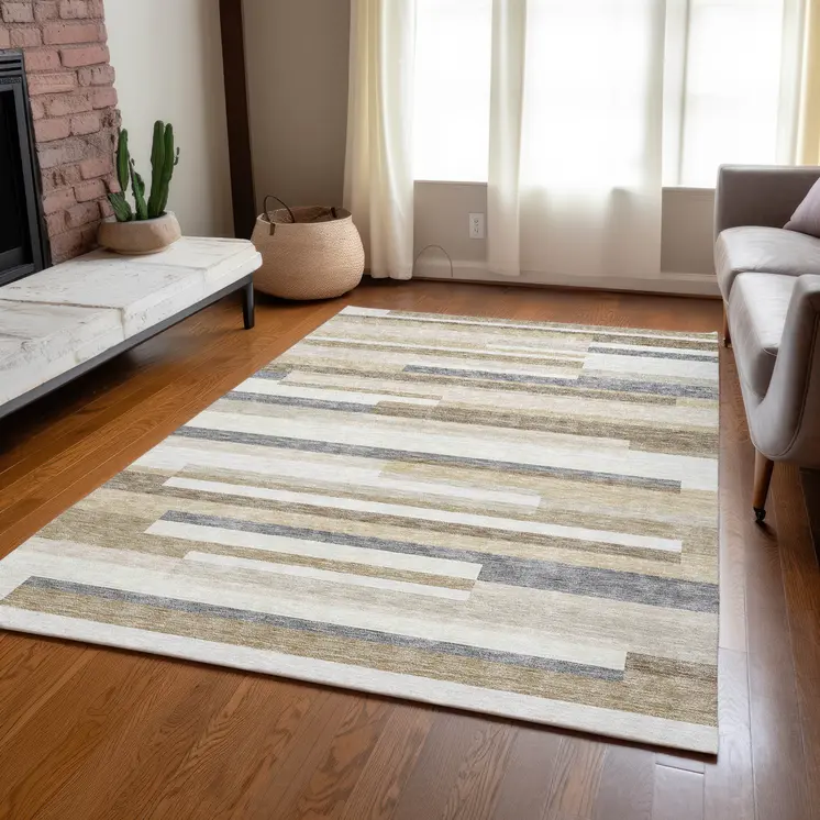 3' X 5' Ivory Beige And Taupe Striped Washable Indoor Outdoor Area Rug
