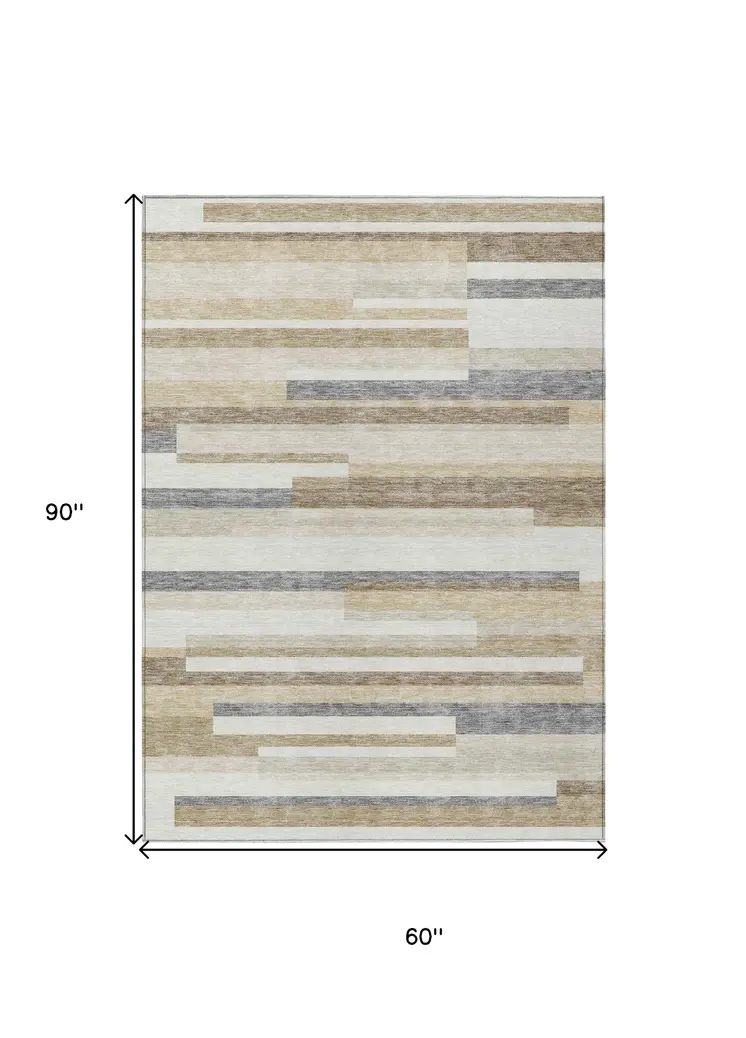 5' X 8' Ivory Beige And Taupe Striped Washable Indoor Outdoor Area Rug