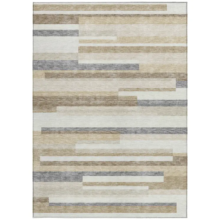 5' X 8' Ivory Beige And Taupe Striped Washable Indoor Outdoor Area Rug