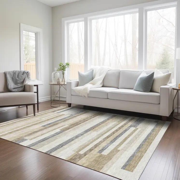 5' X 8' Ivory Beige And Taupe Striped Washable Indoor Outdoor Area Rug
