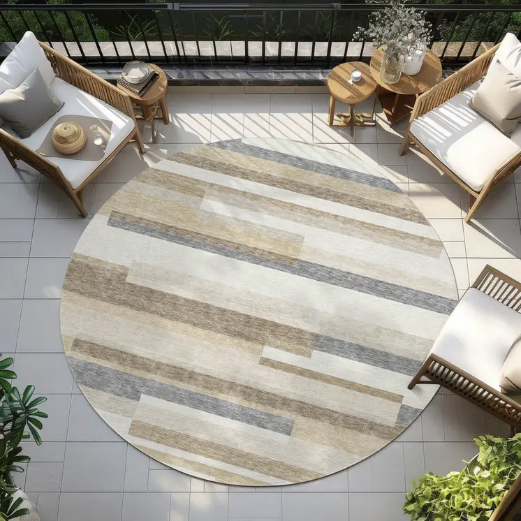 8' Ivory Beige And Taupe Round Striped Washable Indoor Outdoor Area Rug