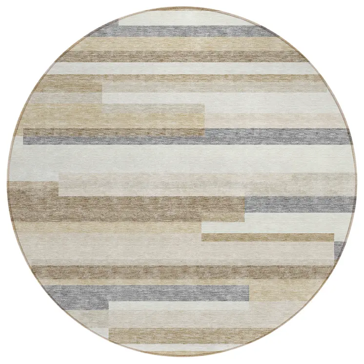 8' Ivory Beige And Taupe Round Striped Washable Indoor Outdoor Area Rug
