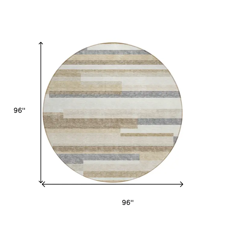 8' Ivory Beige And Taupe Round Striped Washable Indoor Outdoor Area Rug