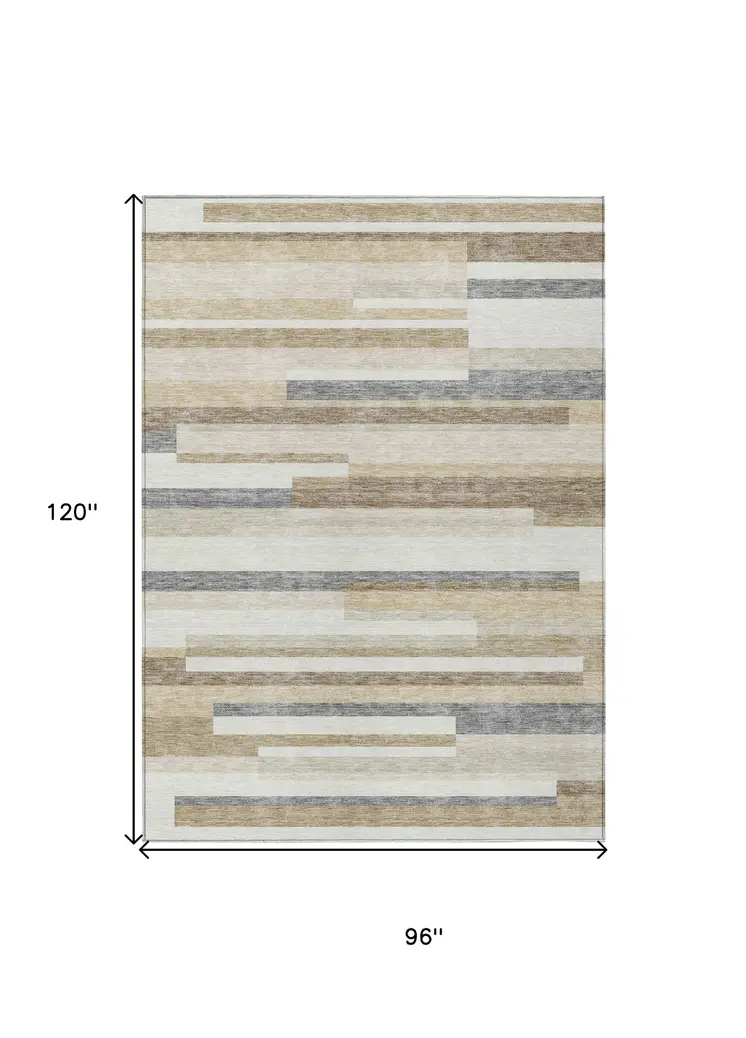 8' X 10' Ivory Beige And Taupe Striped Washable Indoor Outdoor Area Rug