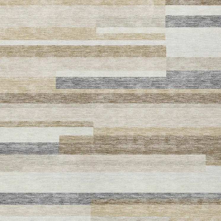 9' X 12' Ivory Beige And Taupe Striped Washable Indoor Outdoor Area Rug