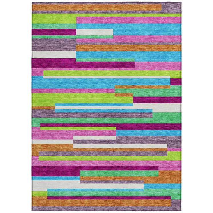 3' X 5' Lavender Orange And Lime Green Striped Washable Indoor Outdoor Area Rug