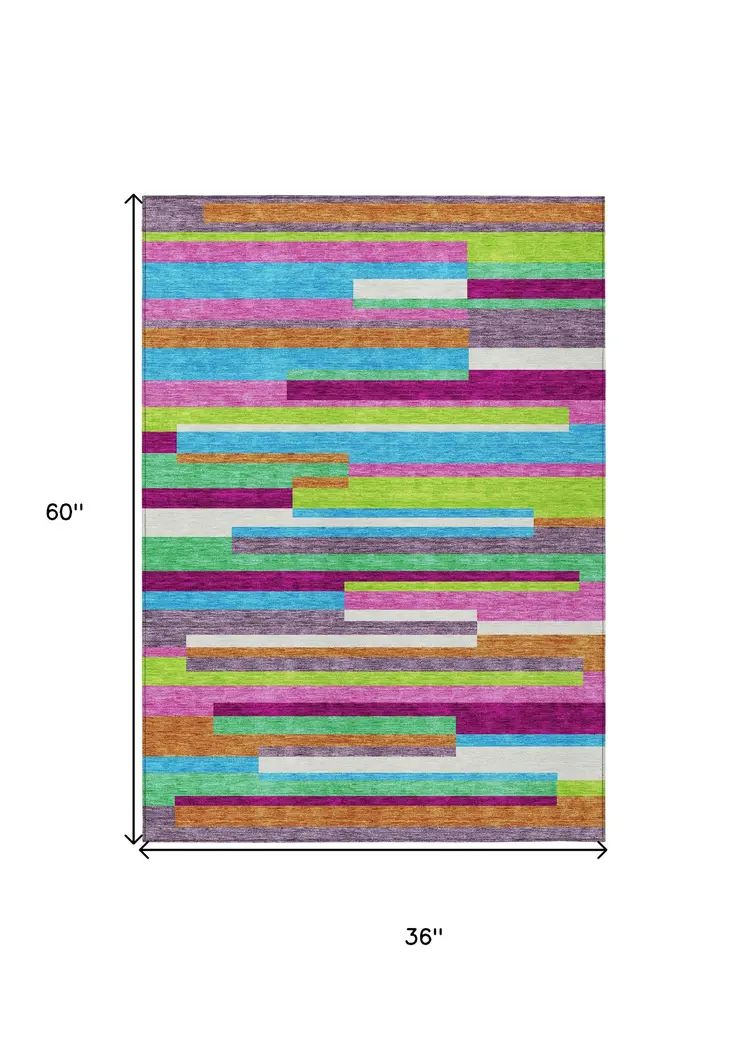3' X 5' Lavender Orange And Lime Green Striped Washable Indoor Outdoor Area Rug