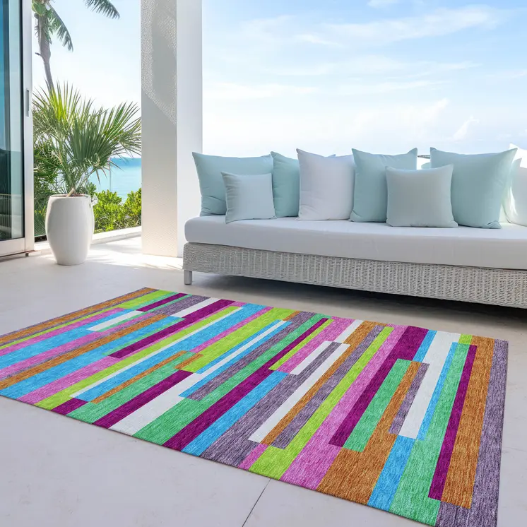 3' X 5' Lavender Orange And Lime Green Striped Washable Indoor Outdoor Area Rug
