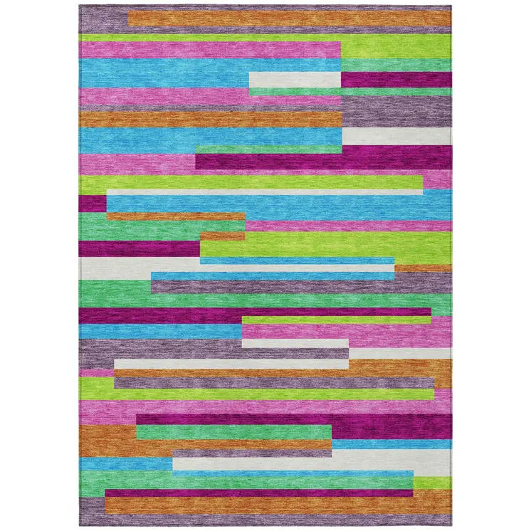 3' X 5' Lavender Orange And Lime Green Striped Washable Indoor Outdoor Area Rug