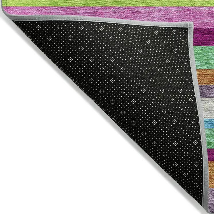 3' X 5' Lavender Orange And Lime Green Striped Washable Indoor Outdoor Area Rug