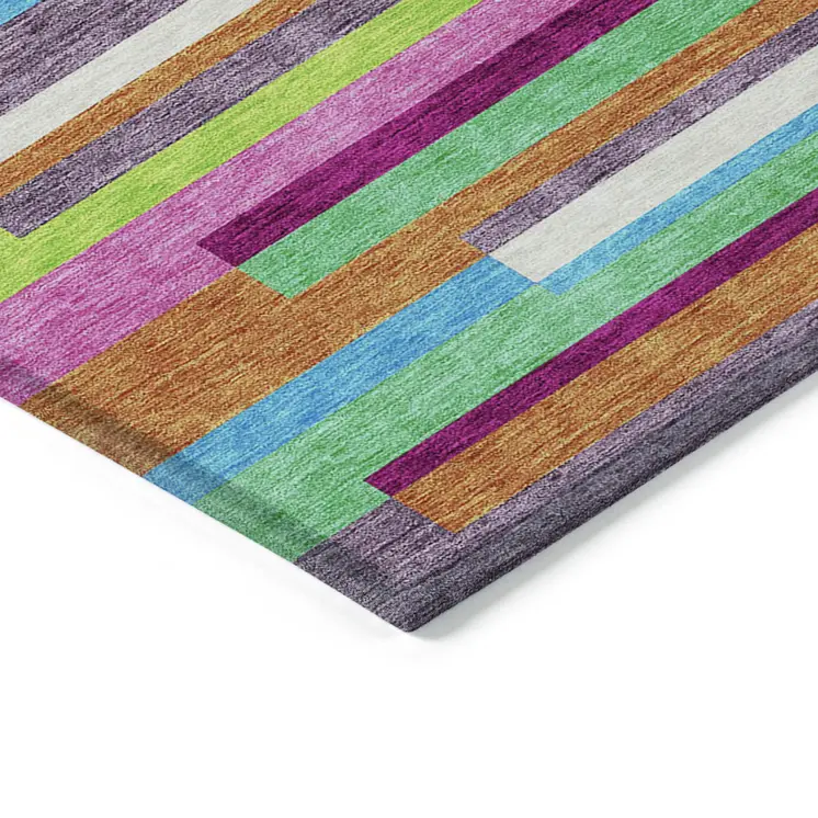 3' X 5' Lavender Orange And Lime Green Striped Washable Indoor Outdoor Area Rug