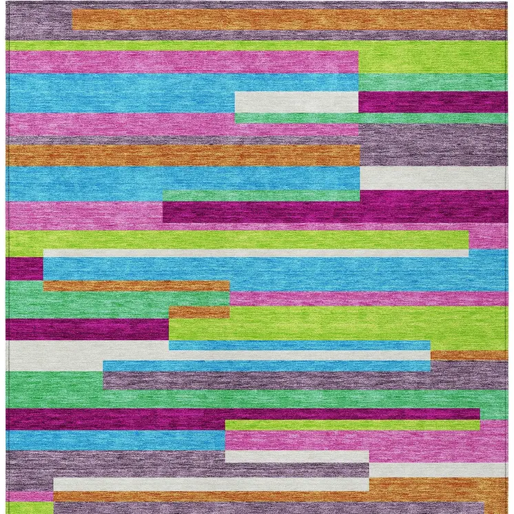 3' X 5' Lavender Orange And Lime Green Striped Washable Indoor Outdoor Area Rug