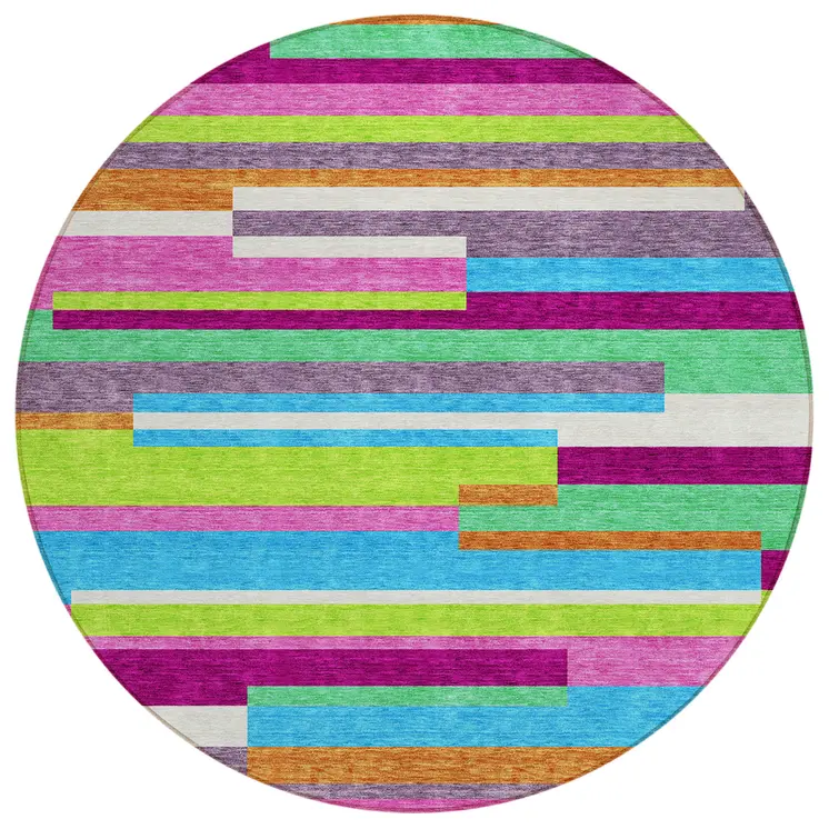 8' Lavender Orange And Lime Green Round Striped Washable Indoor Outdoor Area Rug