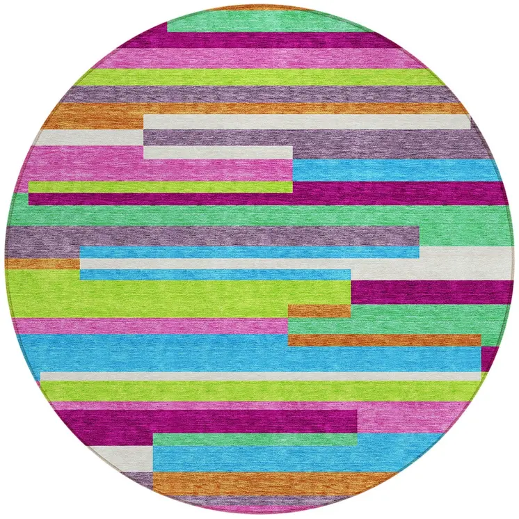8' Lavender Orange And Lime Green Round Striped Washable Indoor Outdoor Area Rug