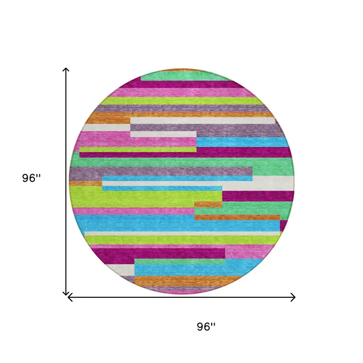 8' Lavender Orange And Lime Green Round Striped Washable Indoor Outdoor Area Rug
