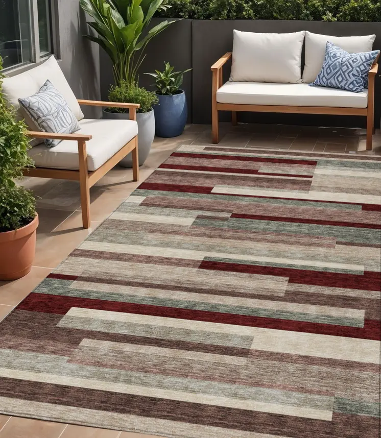 5' X 8' Merlot Burgundy And Beige Striped Washable Indoor Outdoor Area Rug