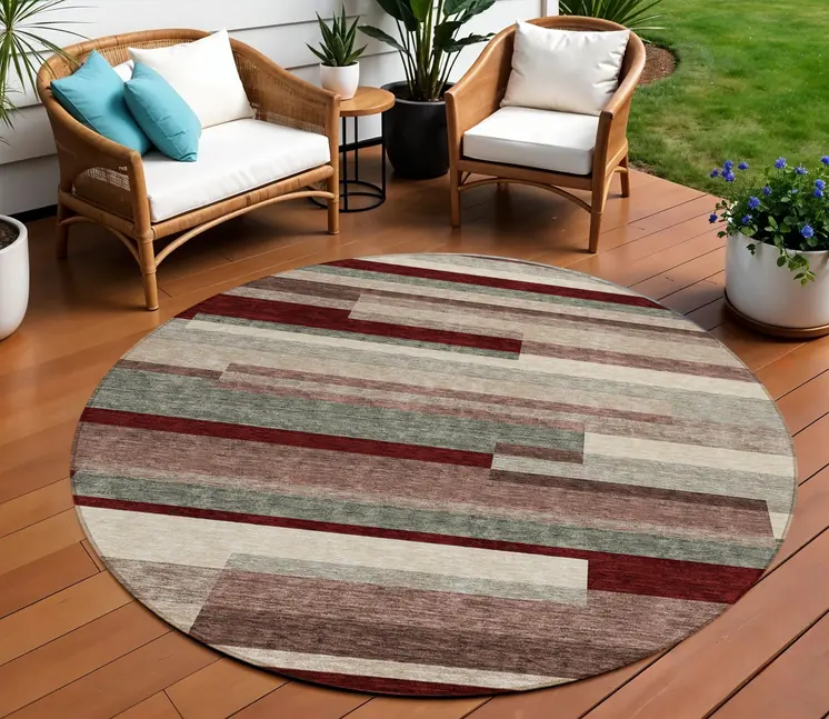 8' Merlot Burgundy And Beige Round Striped Washable Indoor Outdoor Area Rug