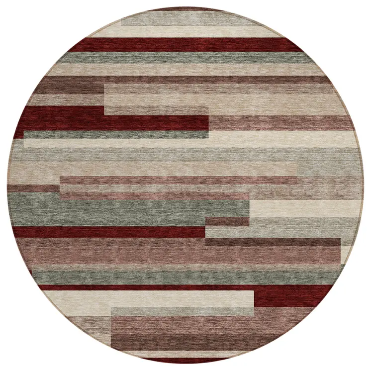 8' Merlot Burgundy And Beige Round Striped Washable Indoor Outdoor Area Rug