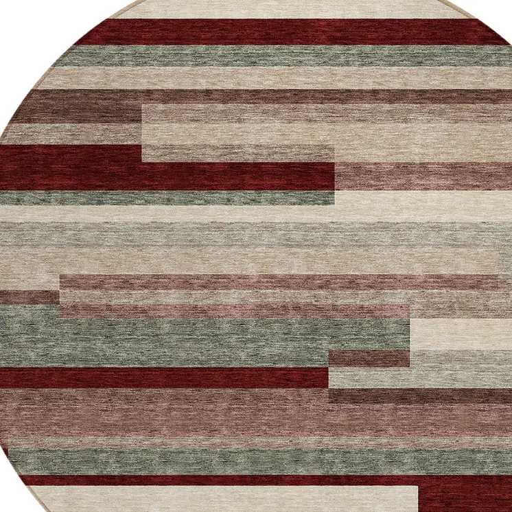 8' Merlot Burgundy And Beige Round Striped Washable Indoor Outdoor Area Rug