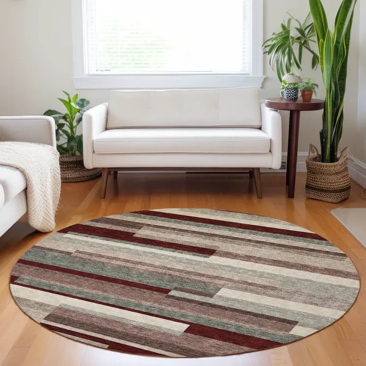 8' Merlot Burgundy And Beige Round Striped Washable Indoor Outdoor Area Rug