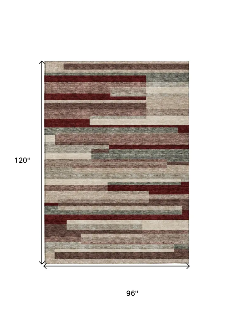 8' X 10' Merlot Burgundy And Beige Striped Washable Indoor Outdoor Area Rug