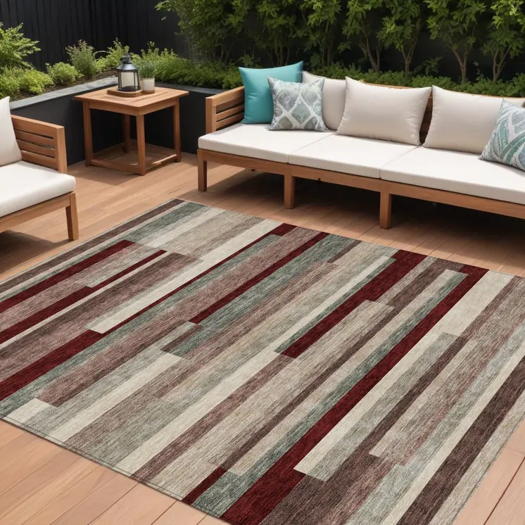 8' X 10' Merlot Burgundy And Beige Striped Washable Indoor Outdoor Area Rug