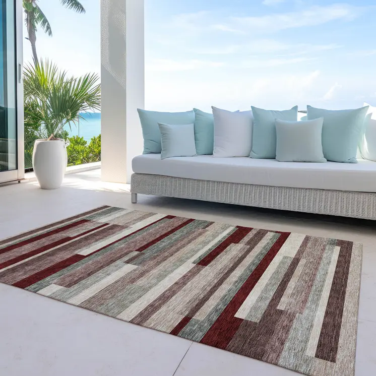 8' X 10' Merlot Burgundy And Beige Striped Washable Indoor Outdoor Area Rug