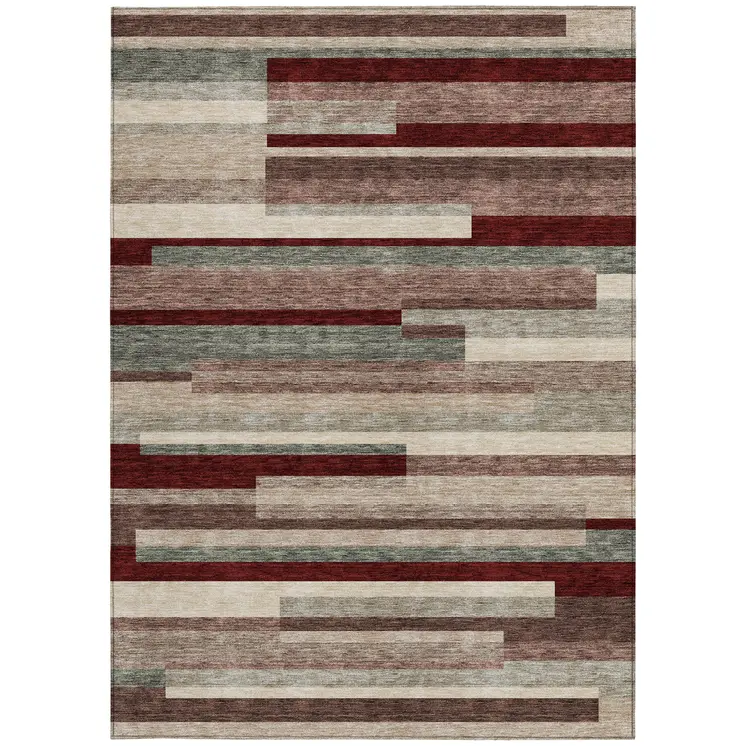 9' X 12' Merlot Burgundy And Beige Striped Washable Indoor Outdoor Area Rug