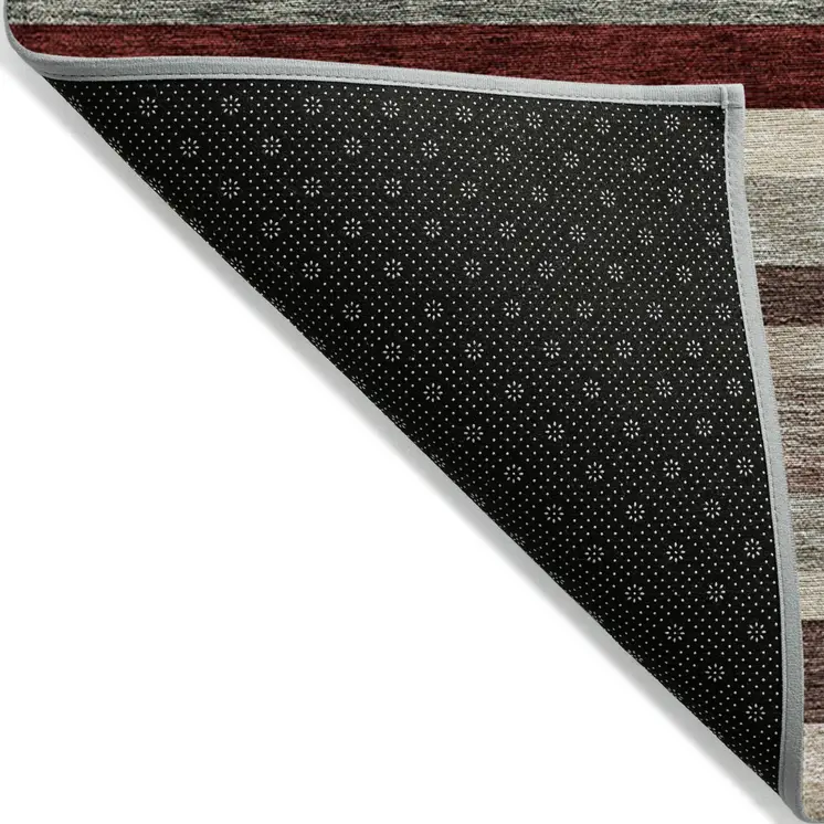 9' X 12' Merlot Burgundy And Beige Striped Washable Indoor Outdoor Area Rug