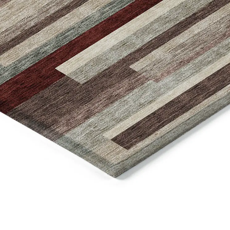 9' X 12' Merlot Burgundy And Beige Striped Washable Indoor Outdoor Area Rug