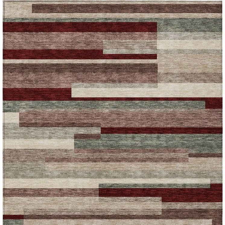 9' X 12' Merlot Burgundy And Beige Striped Washable Indoor Outdoor Area Rug