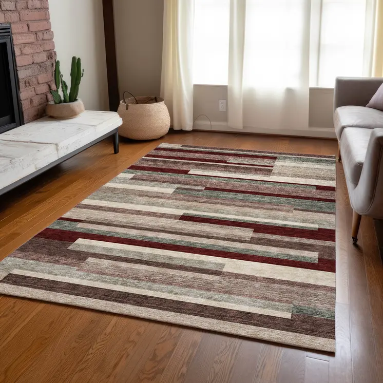 9' X 12' Merlot Burgundy And Beige Striped Washable Indoor Outdoor Area Rug