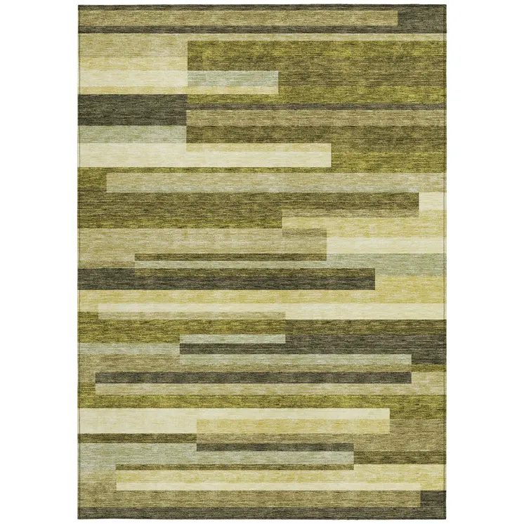 3' X 5' Olive Green Ivory And Beige Striped Washable Indoor Outdoor Area Rug