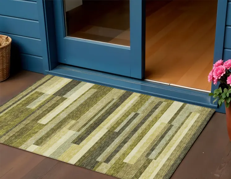 3' X 5' Olive Green Ivory And Beige Striped Washable Indoor Outdoor Area Rug
