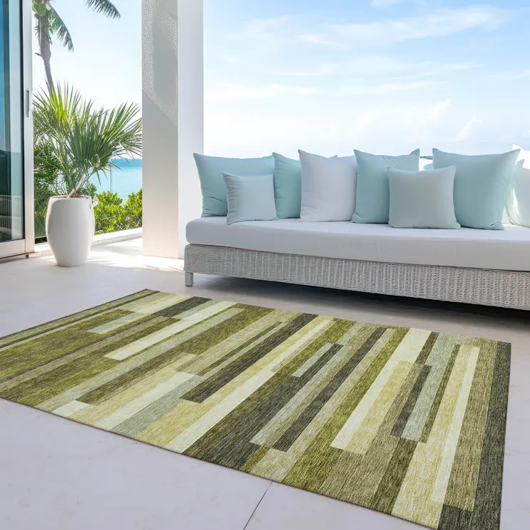 3' X 5' Olive Green Ivory And Beige Striped Washable Indoor Outdoor Area Rug