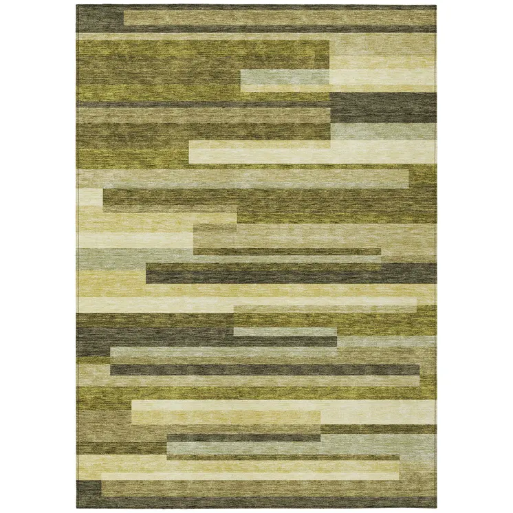 3' X 5' Olive Green Ivory And Beige Striped Washable Indoor Outdoor Area Rug