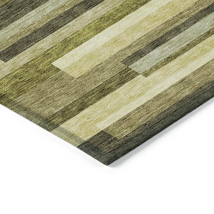 3' X 5' Olive Green Ivory And Beige Striped Washable Indoor Outdoor Area Rug