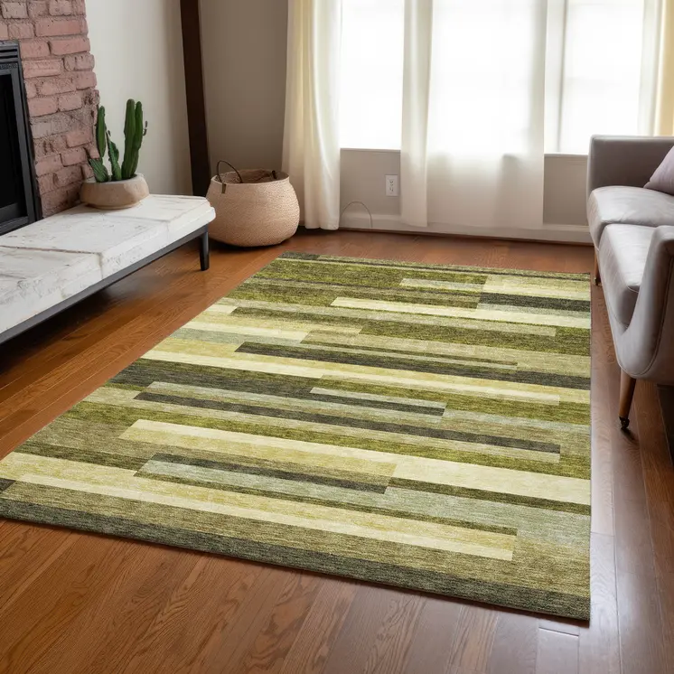 3' X 5' Olive Green Ivory And Beige Striped Washable Indoor Outdoor Area Rug