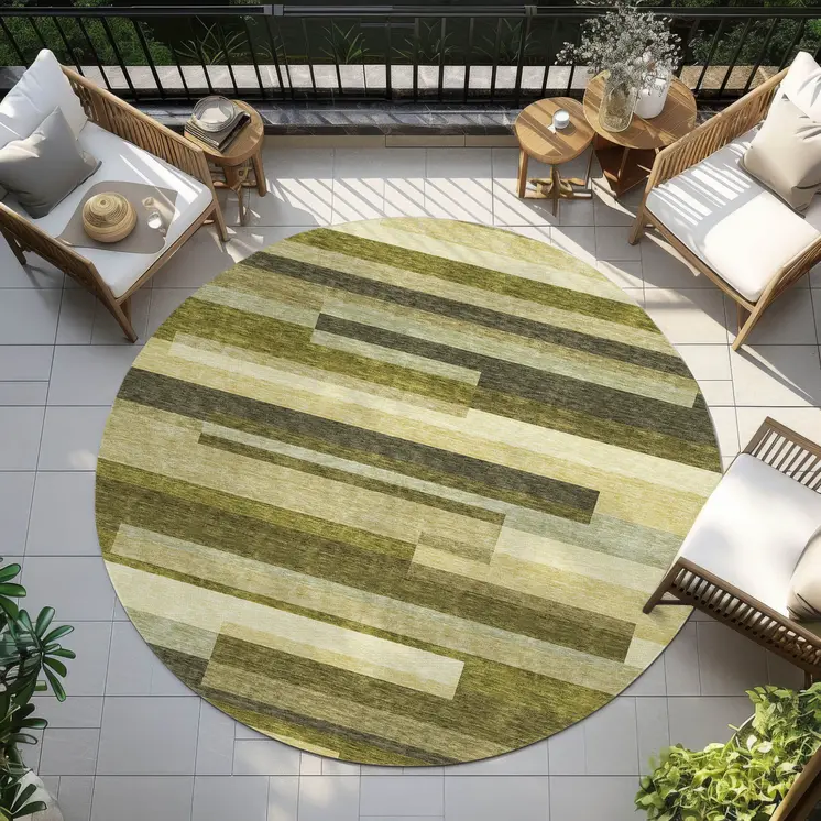 8' Olive Green Ivory And Beige Round Striped Washable Indoor Outdoor Area Rug