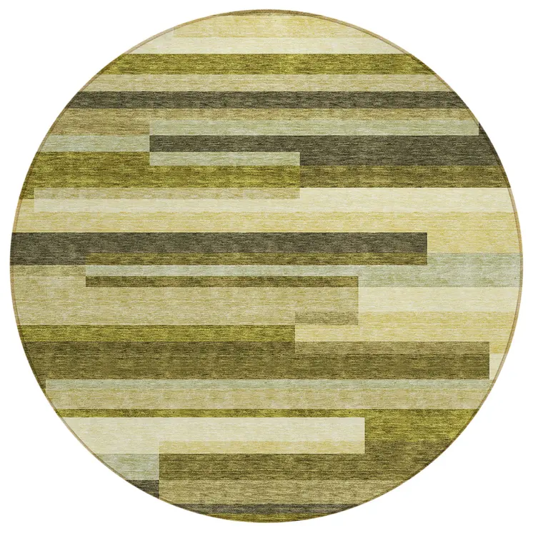 8' Olive Green Ivory And Beige Round Striped Washable Indoor Outdoor Area Rug