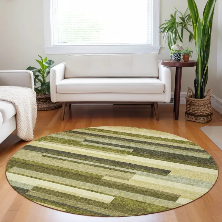 8' Olive Green Ivory And Beige Round Striped Washable Indoor Outdoor Area Rug