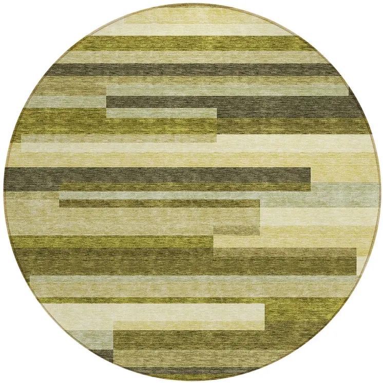8' Olive Green Ivory And Beige Round Striped Washable Indoor Outdoor Area Rug