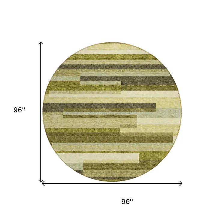 8' Olive Green Ivory And Beige Round Striped Washable Indoor Outdoor Area Rug