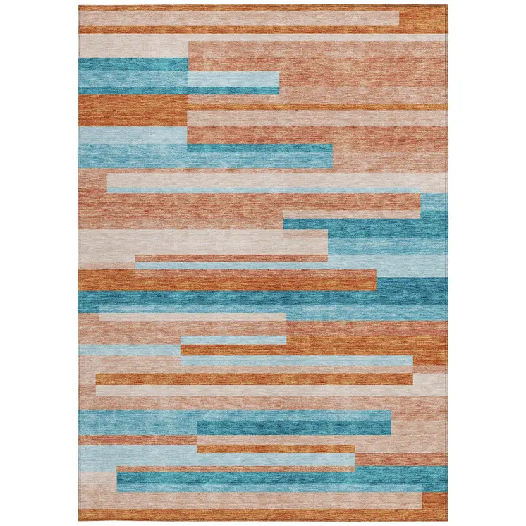 5' X 8' Orange Teal Blue And Salmon Striped Washable Indoor Outdoor Area Rug