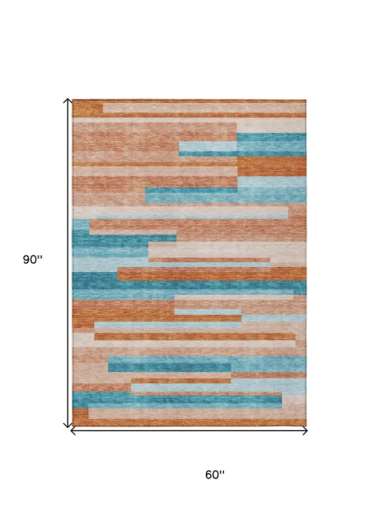 5' X 8' Orange Teal Blue And Salmon Striped Washable Indoor Outdoor Area Rug